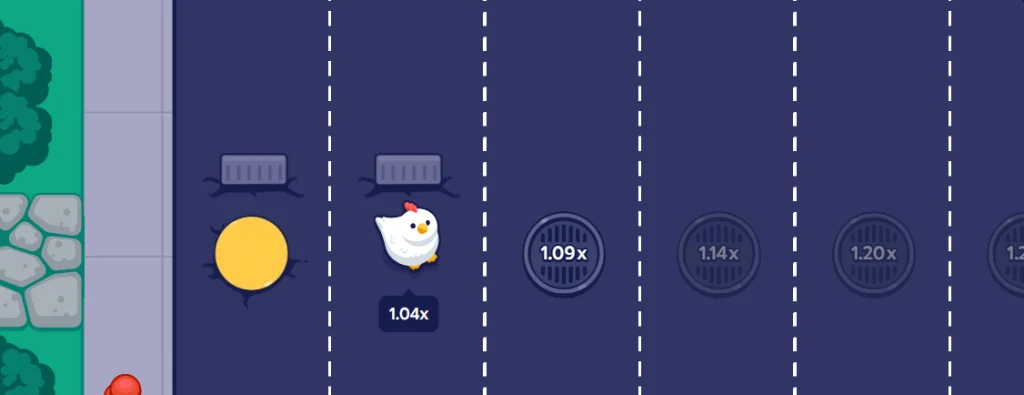 Chicken crossing a multi-lane road in Crossy Road, collecting coins and avoiding traffic.