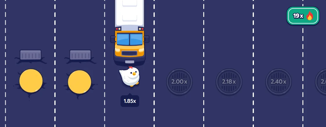 Chicken narrowly avoiding a truck in Crossy Road with a score multiplier displayed on screen.