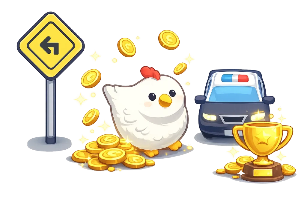 Crossy Road money game illustration chicken, police car obstacle, gold coins, and trophy