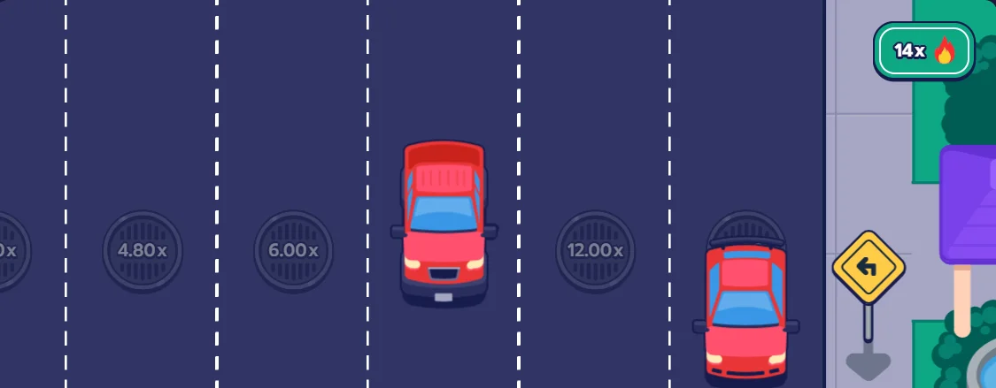 Heavy traffic scene in Crossy Road featuring cars and a high combo multiplier.